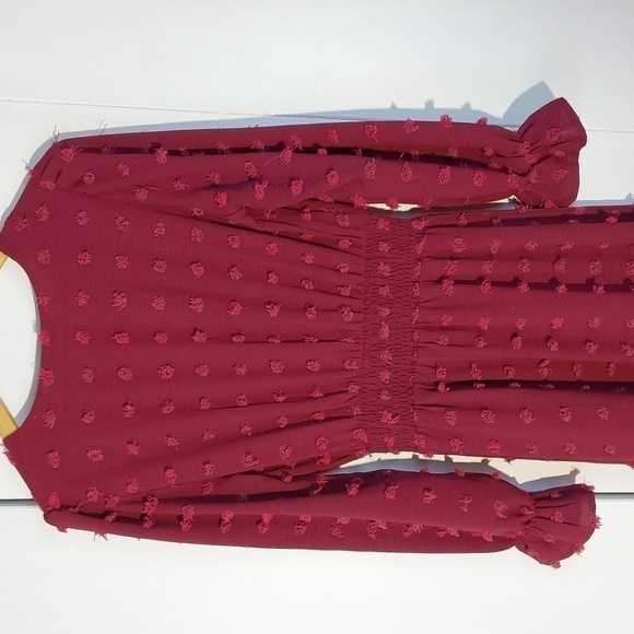 Boutique- Burgundy Longsleeve Tiered Maxi Dress Raised Poofs Modern Sz.Large - Picture 8 of 12
